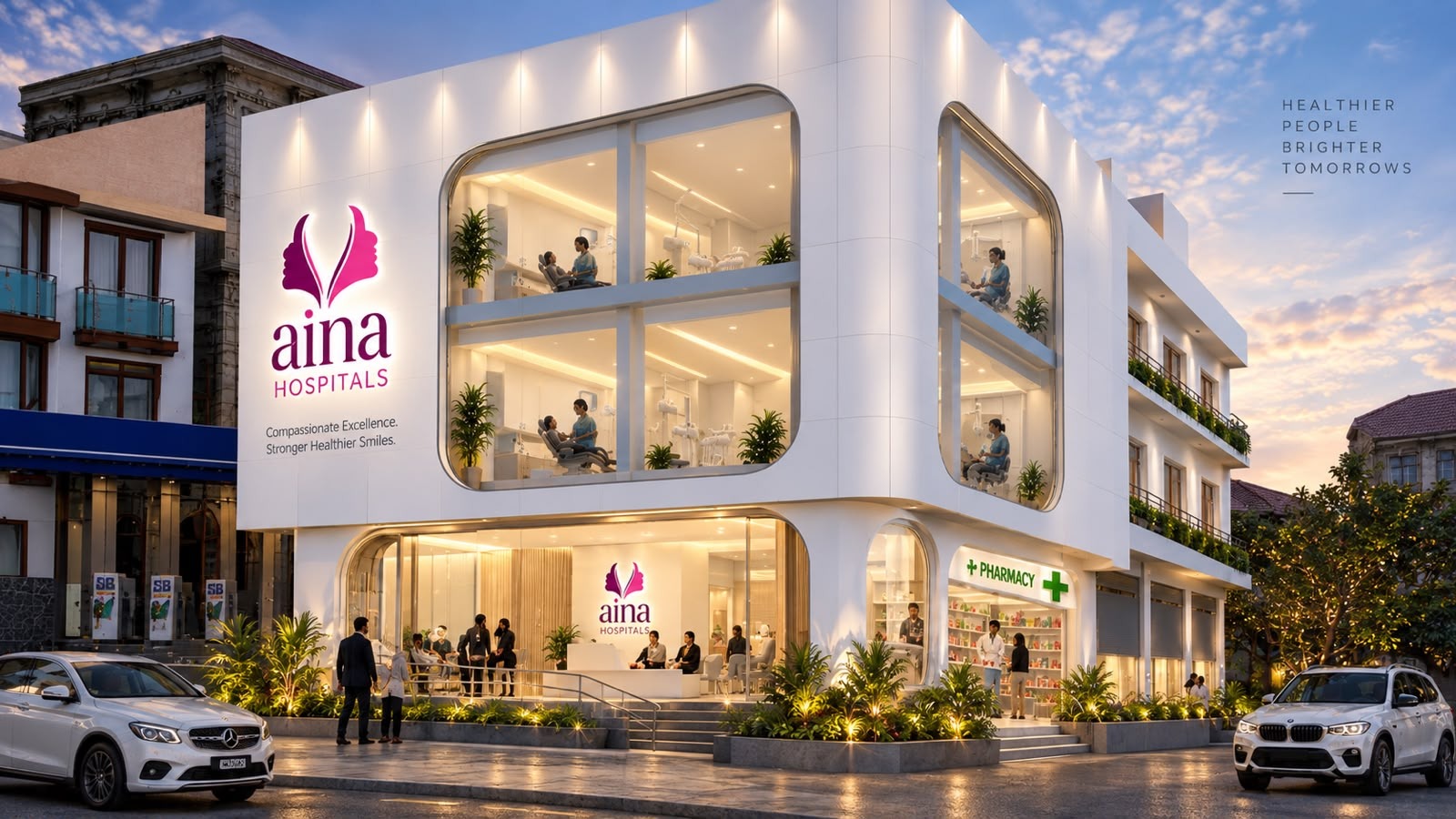 Aina Hospitals, Bengaluru — street view at dusk